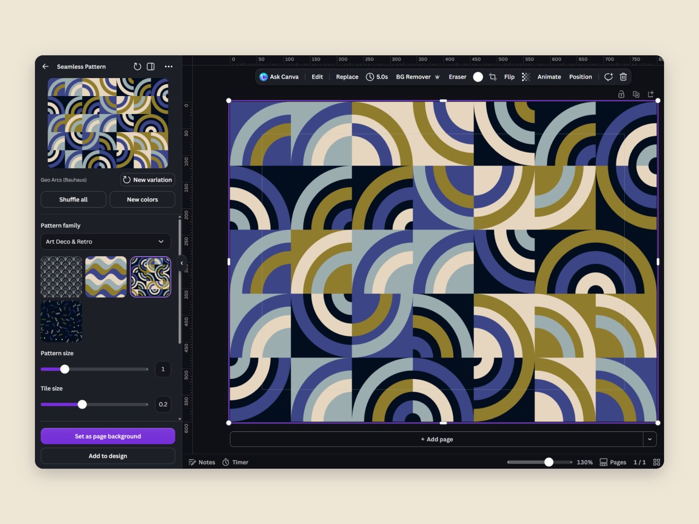 The Seamless Pattern app panel next to a design filled with a geometric arc pattern