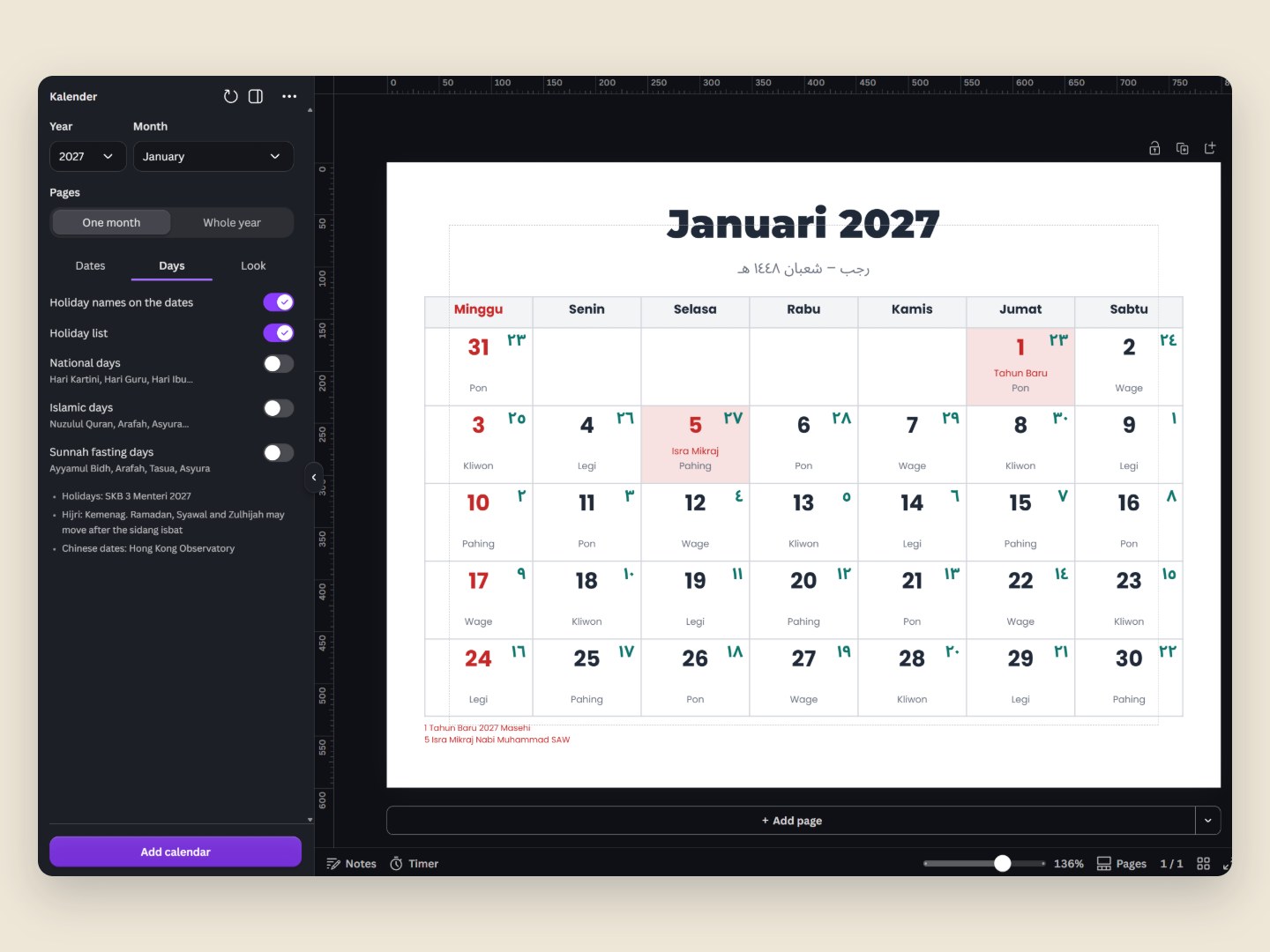 The Kalender app panel next to a January 2027 calendar with Hijri dates, Javanese market days and holidays