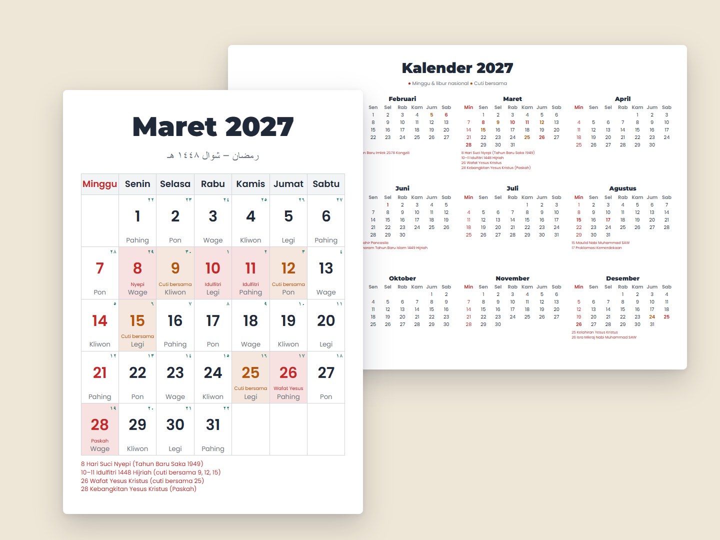 A March 2027 calendar page with holidays, Hijri dates and Javanese market days, in front of a whole-year 2027 calendar